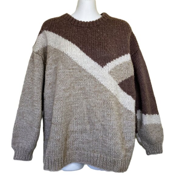Hand Knit Colorblock Pullover Sweater Oversized Brown/Beige Women's Large - Picture 1 of 5